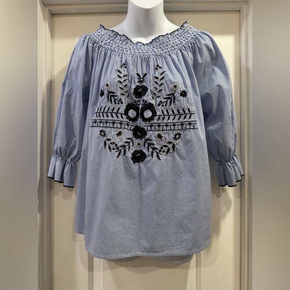 Grand & Greene Embroidered Embellished Floral Striped Blouse Size Small